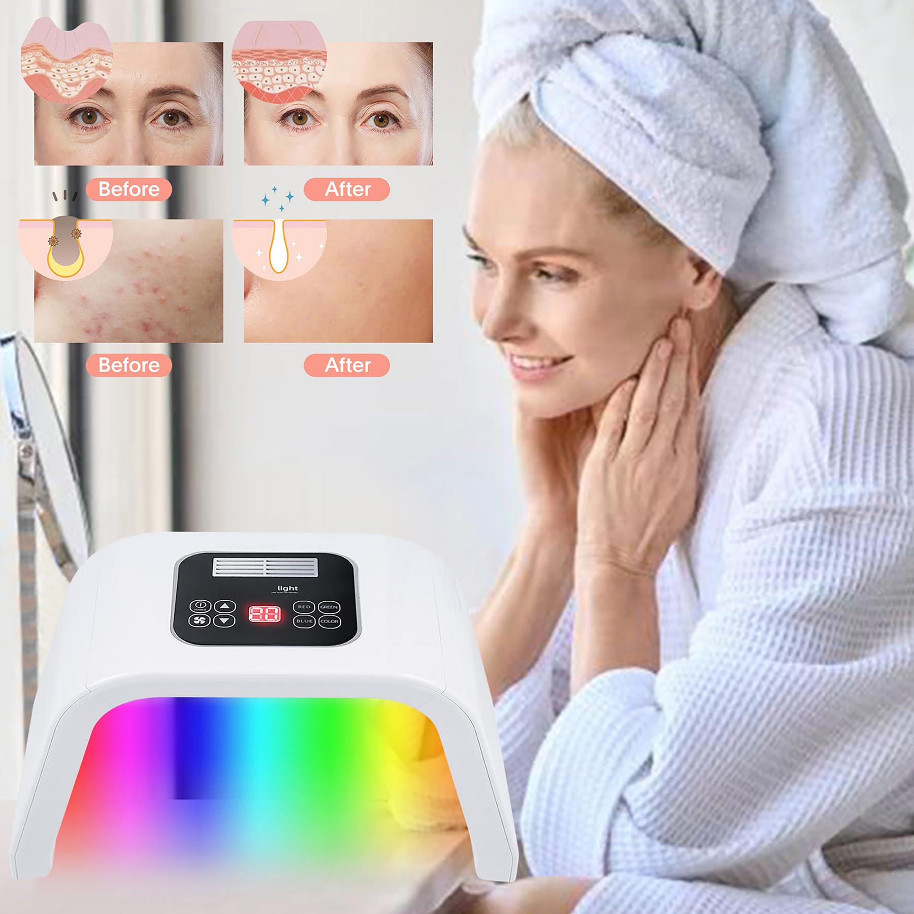 Fxtiaa LED Face Mask easy-installation hints underscore simple setup and plug-in readiness.