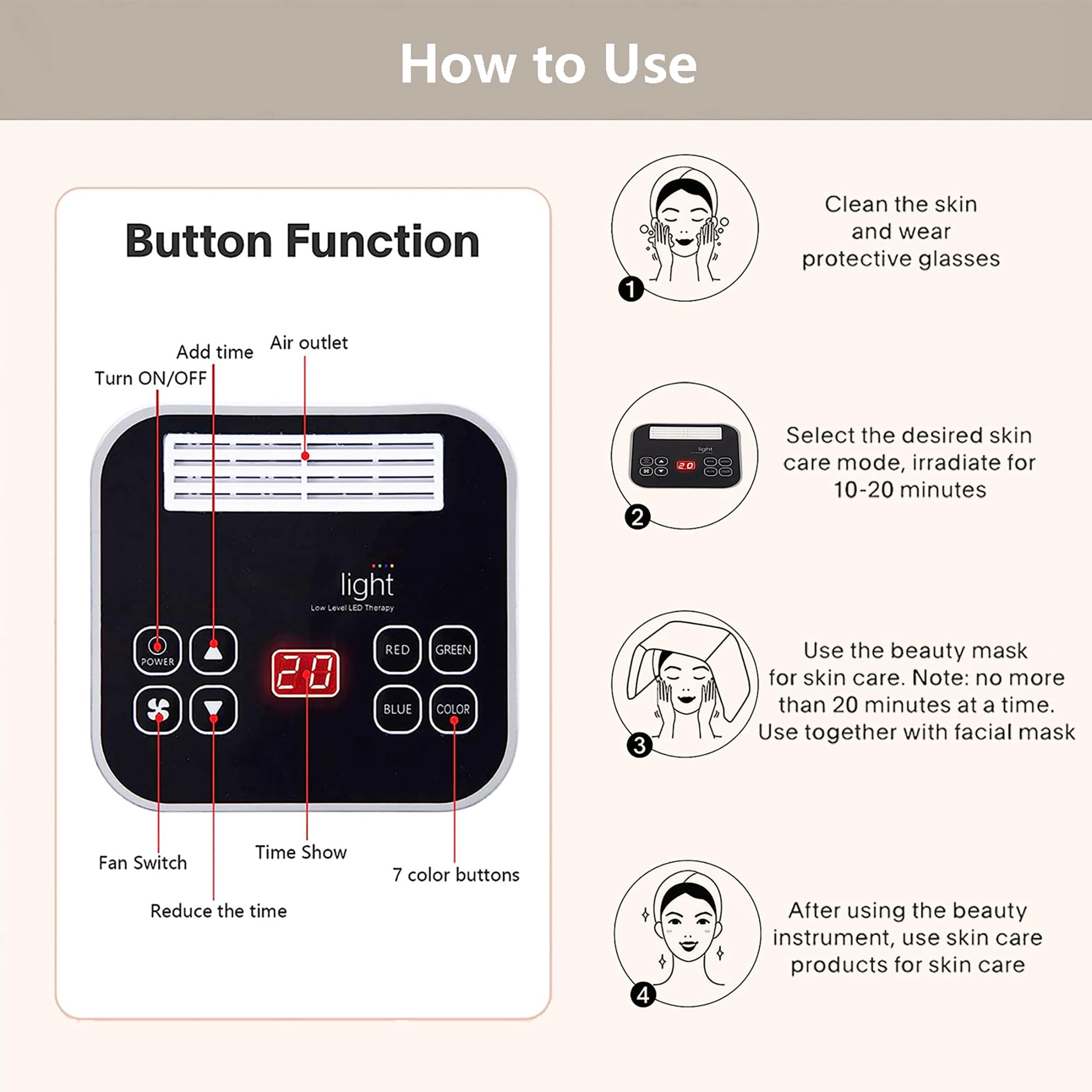 Fxtiaa LED Face Tool 7 color modes for customized skin care.