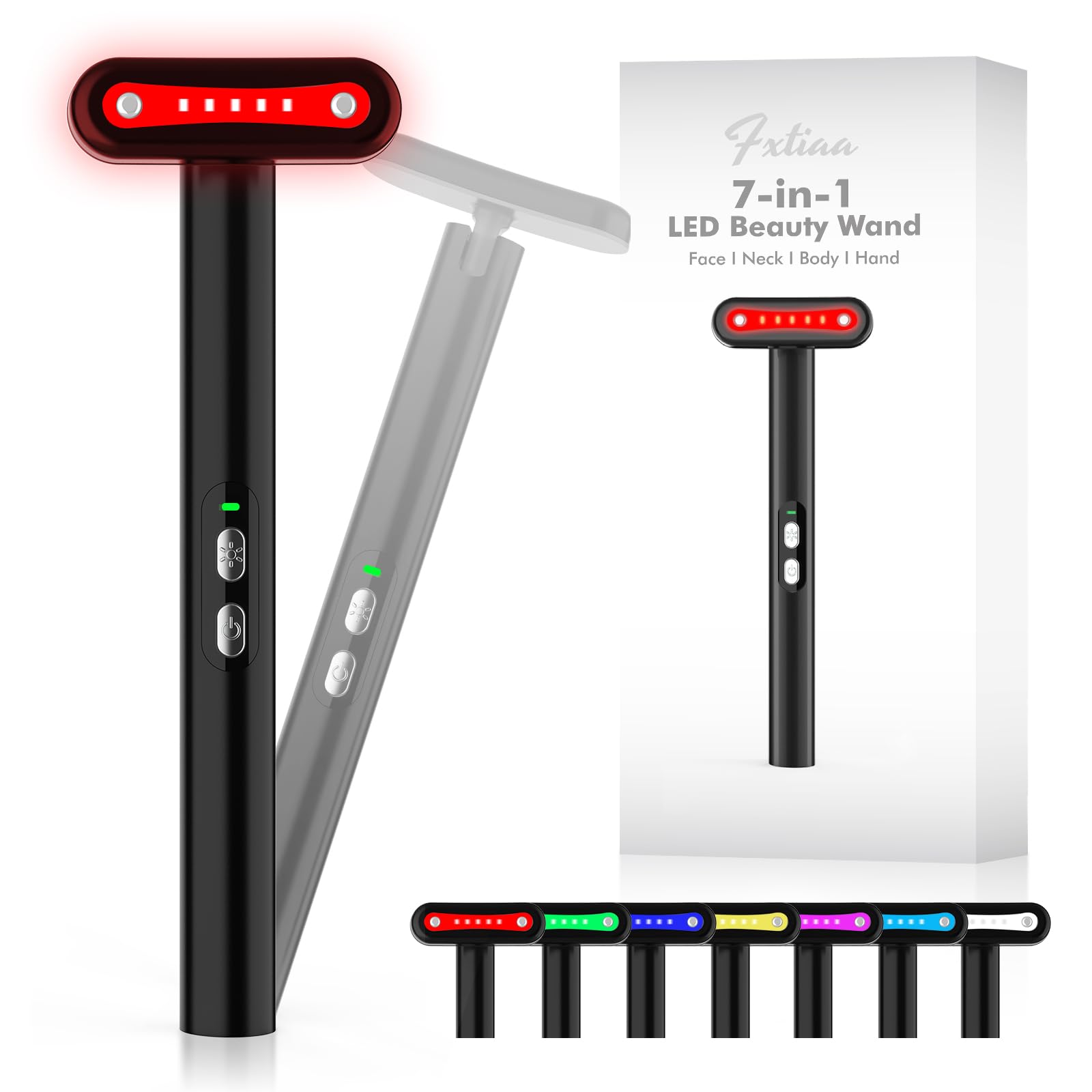 Fxtiaa LED light therapy wand front view with seven colors for facial rejuvenation.