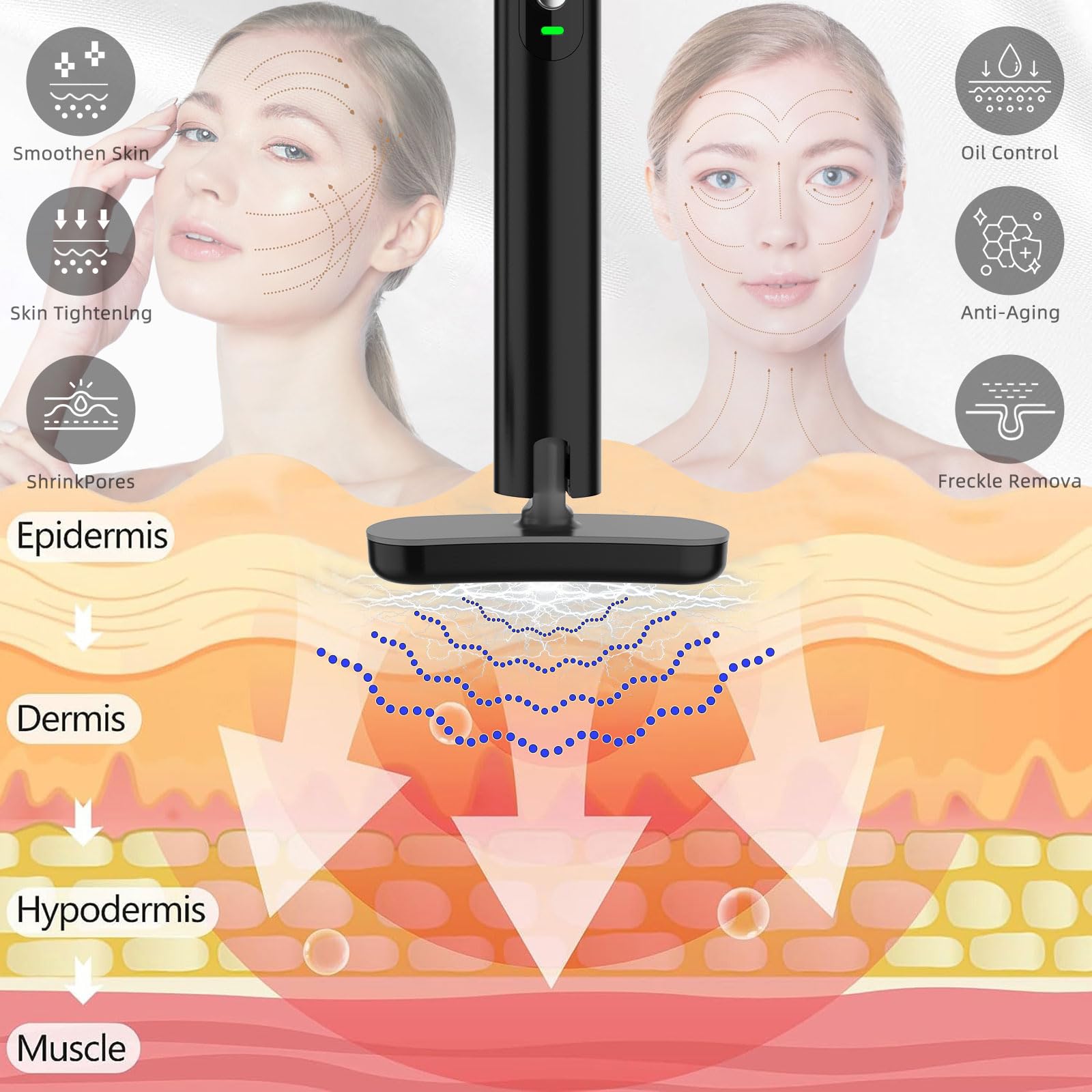 Fxtiaa LED wand targets the face, neck, and eyes for gentle rejuvenation.