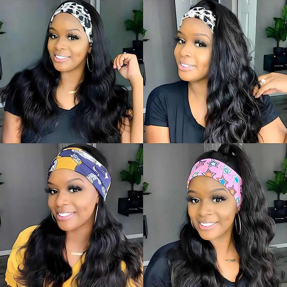 Fylora headband wig close-up reveals natural Brazilian virgin hair texture.