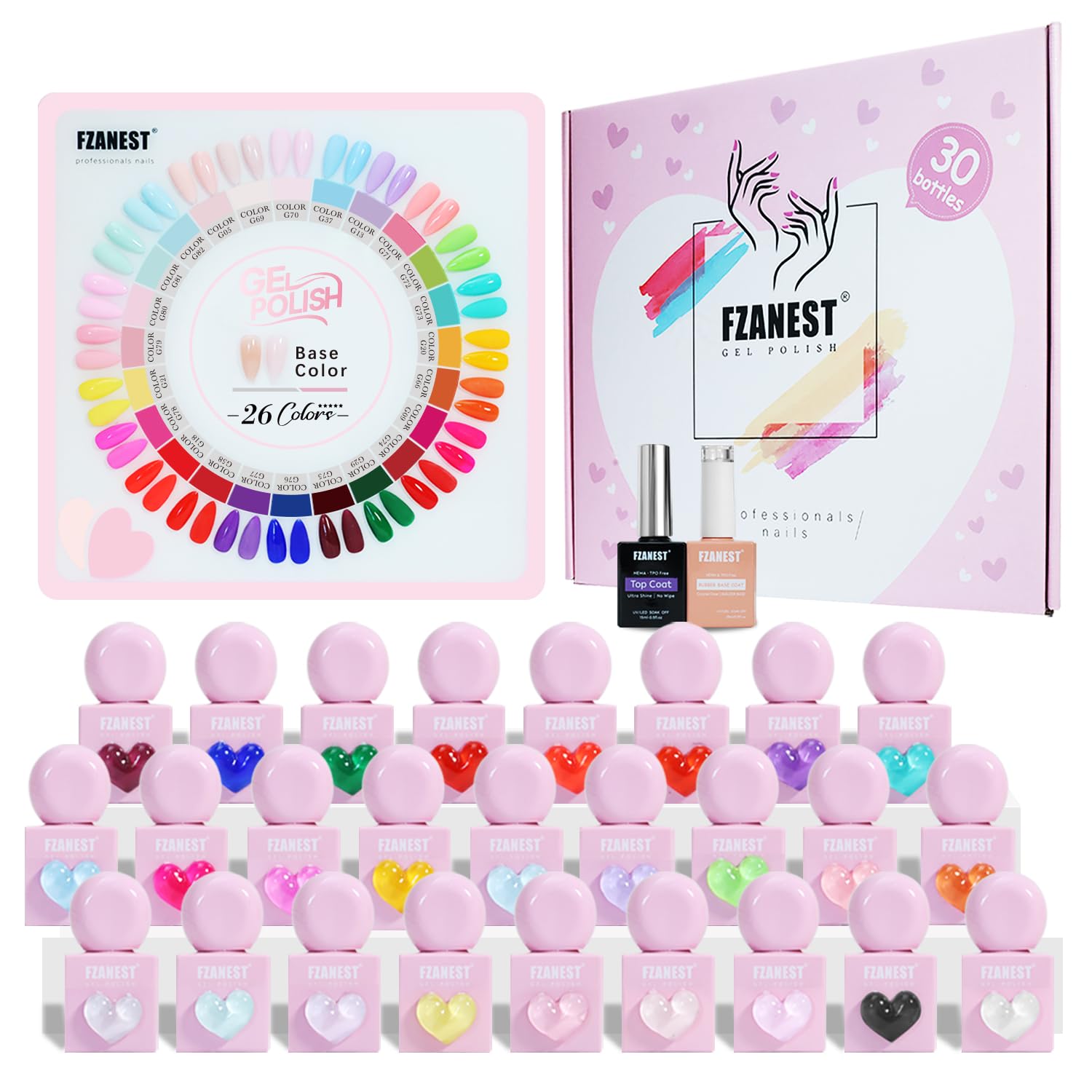 FZANEST 30-piece packaging with HEMA-free gel polishes and candy hearts