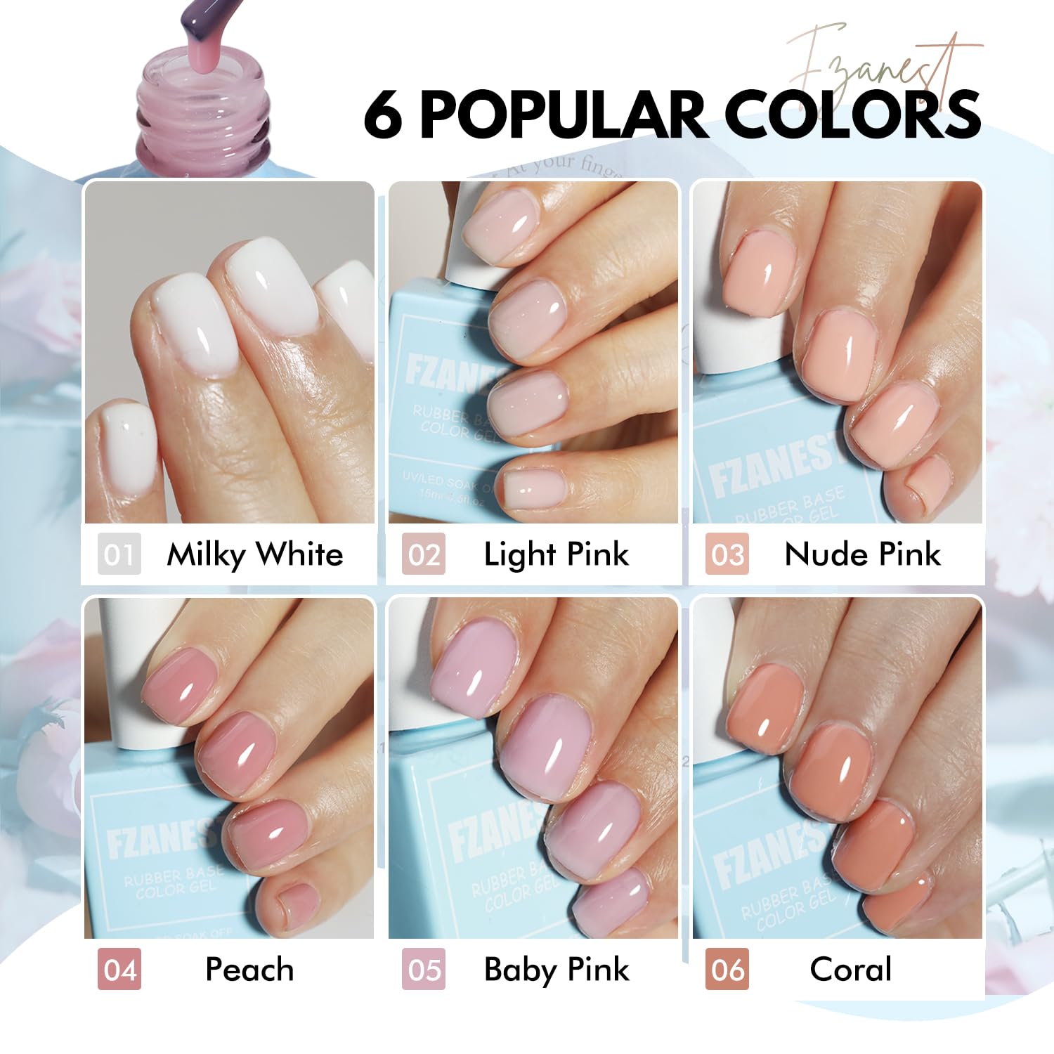 FZANEST HEMA-free base gel nude pink swatches show versatile color options for daily looks.