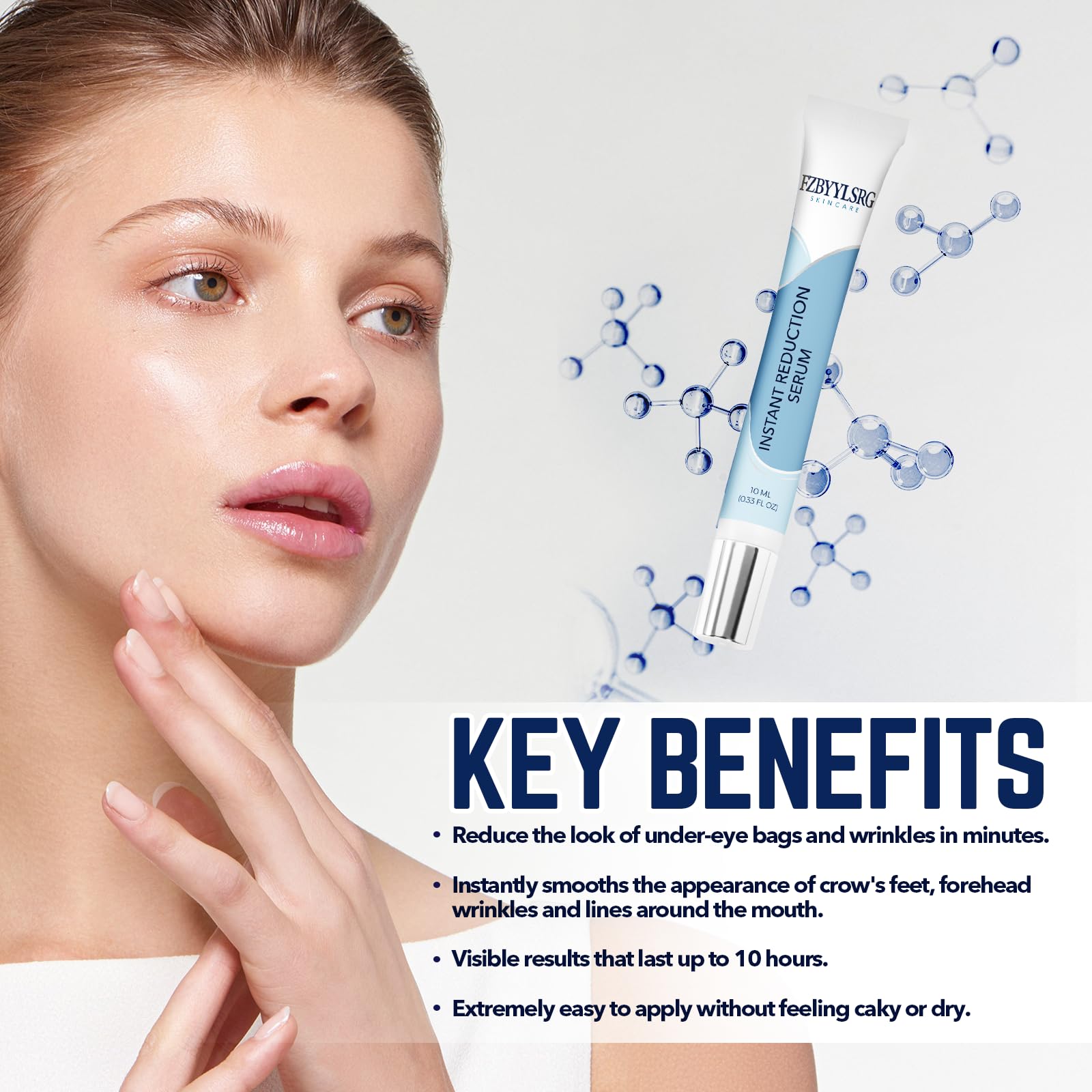 FZBYYLSRG eye serum demonstrates reduction of under-eye bags and fine lines.