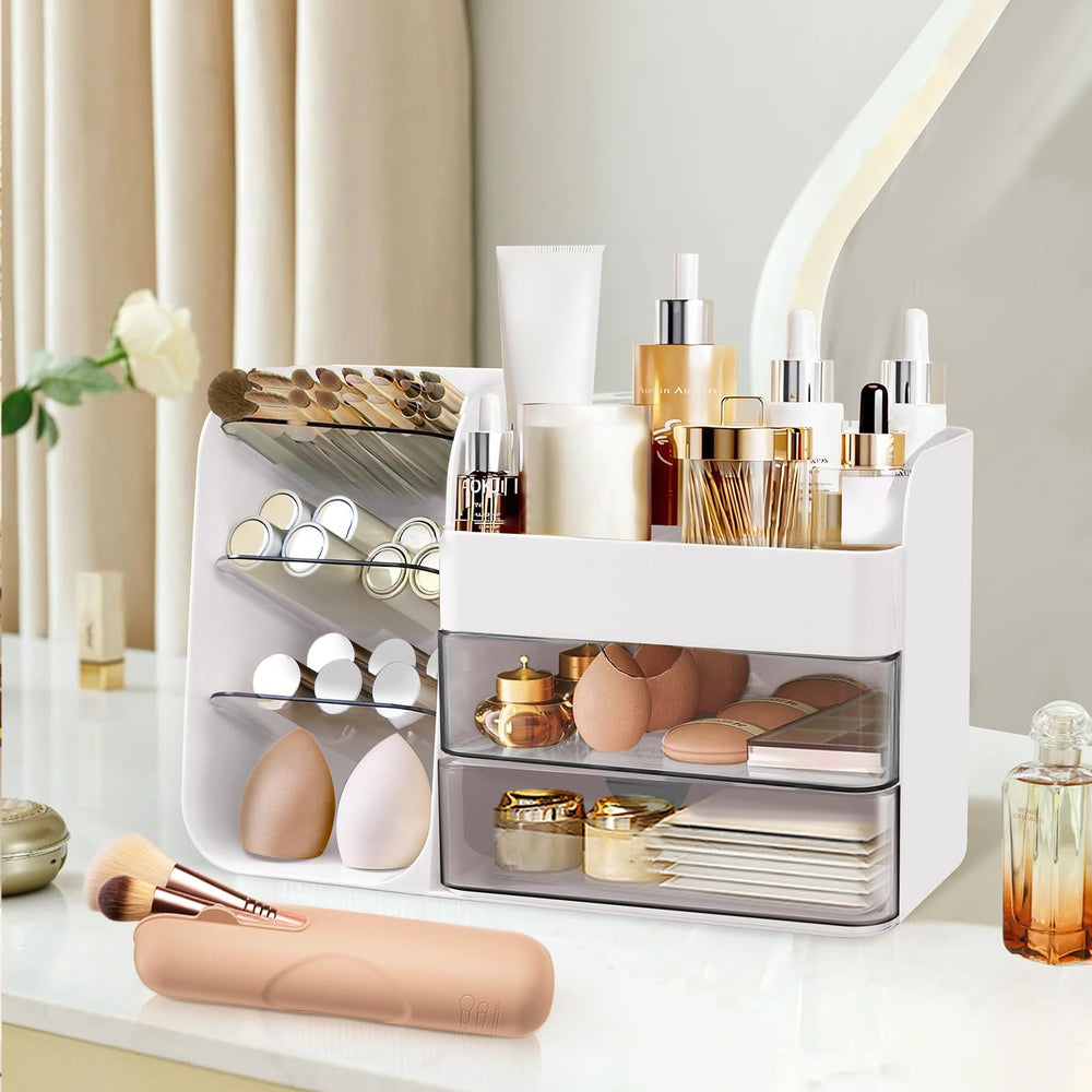 FZHZZ makeup organizer with drawers stores palettes and brushes for a tidy vanity.
