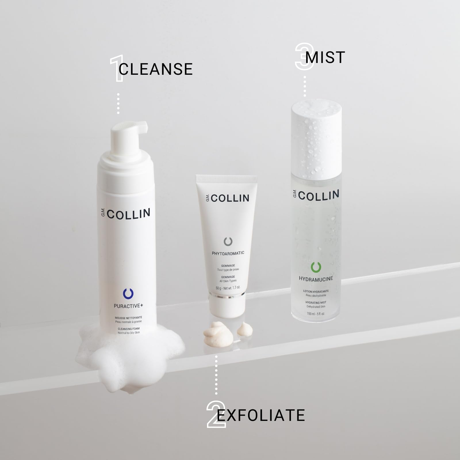 G M COLLIN Hydramucine mist close-up spray showing fine spray and moisturizing action