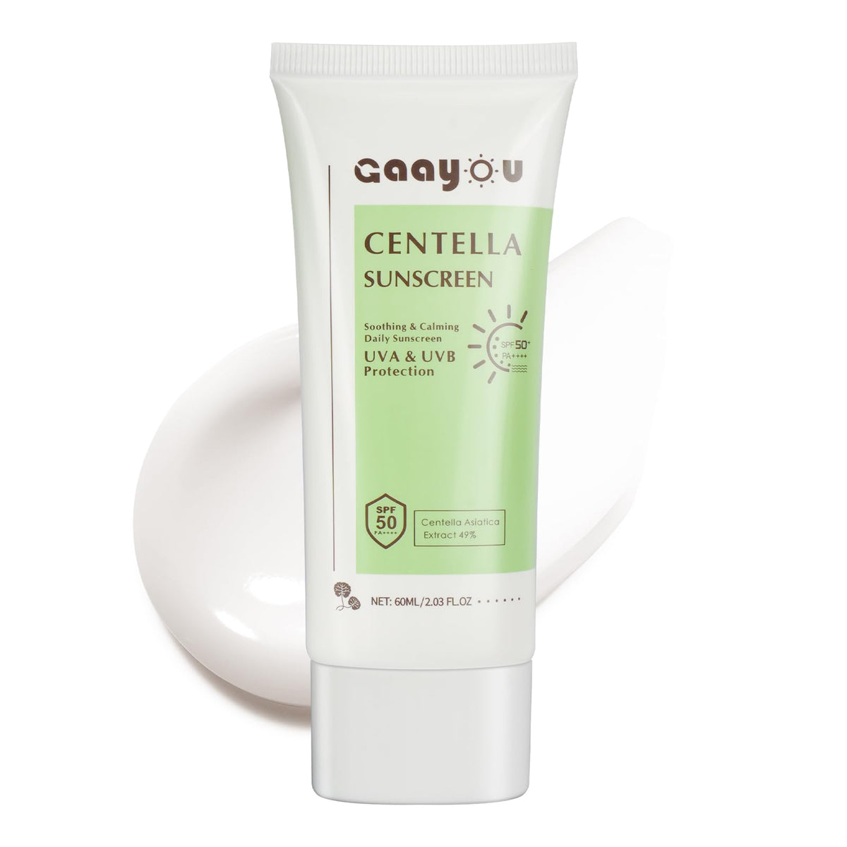 Gaayou Centella Sunscreen packaging highlights reef-safe hydration for daily use.
