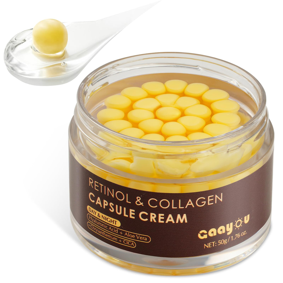 Gaayou Deep Retinol Capsule Cream bottle shows anti aging formulation for firmer skin.