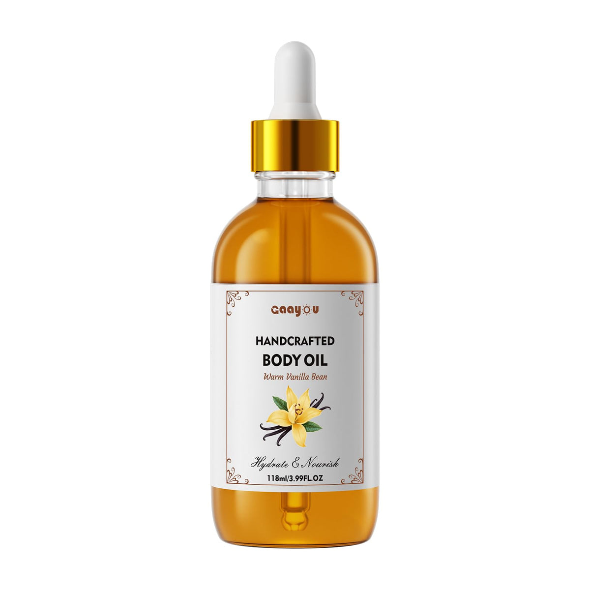 Gaayou Warm Vanilla Bean Body Oil bottle pour for quick hydration after shower.