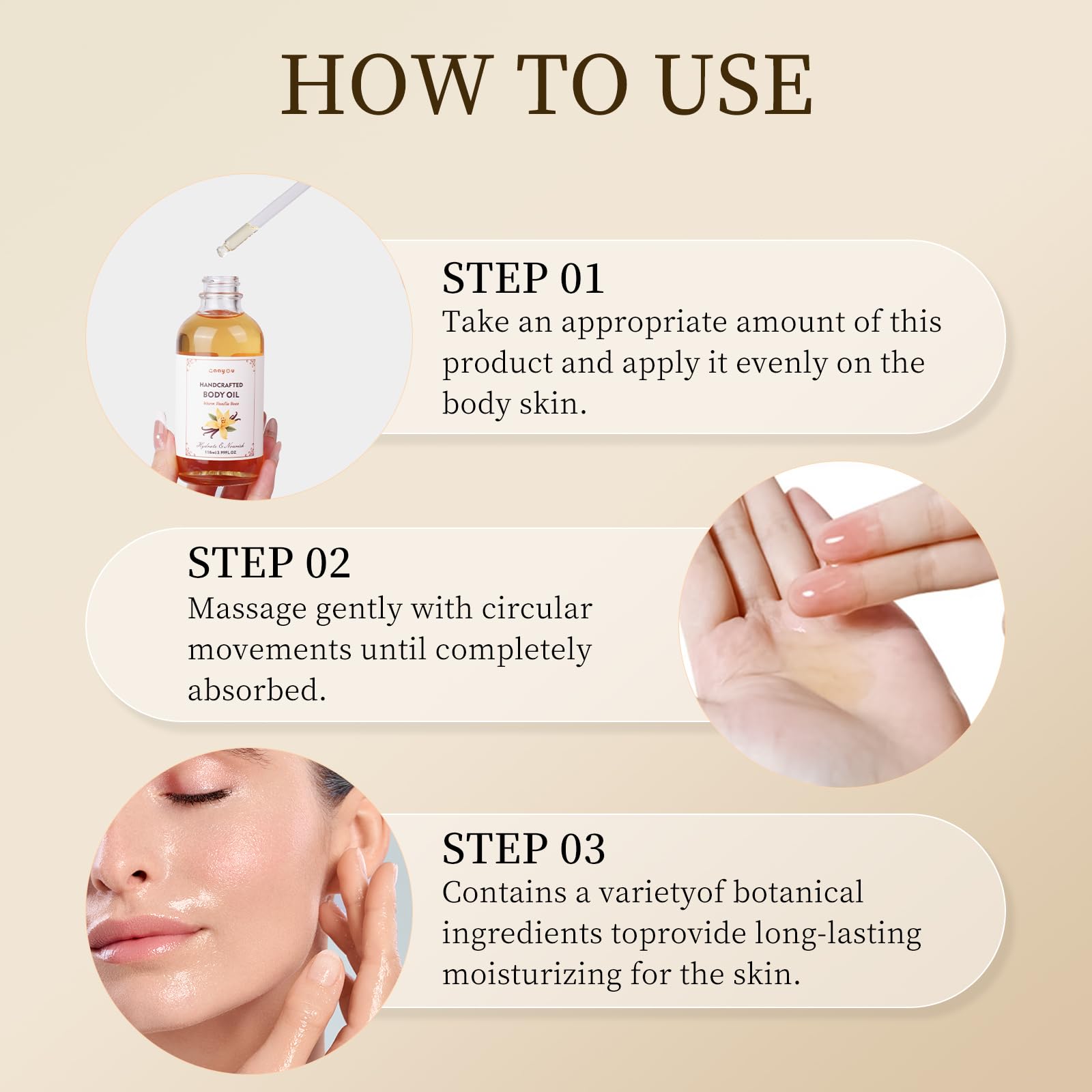 Gaayou Warm Vanilla Bean Oil soft-glow on skin.