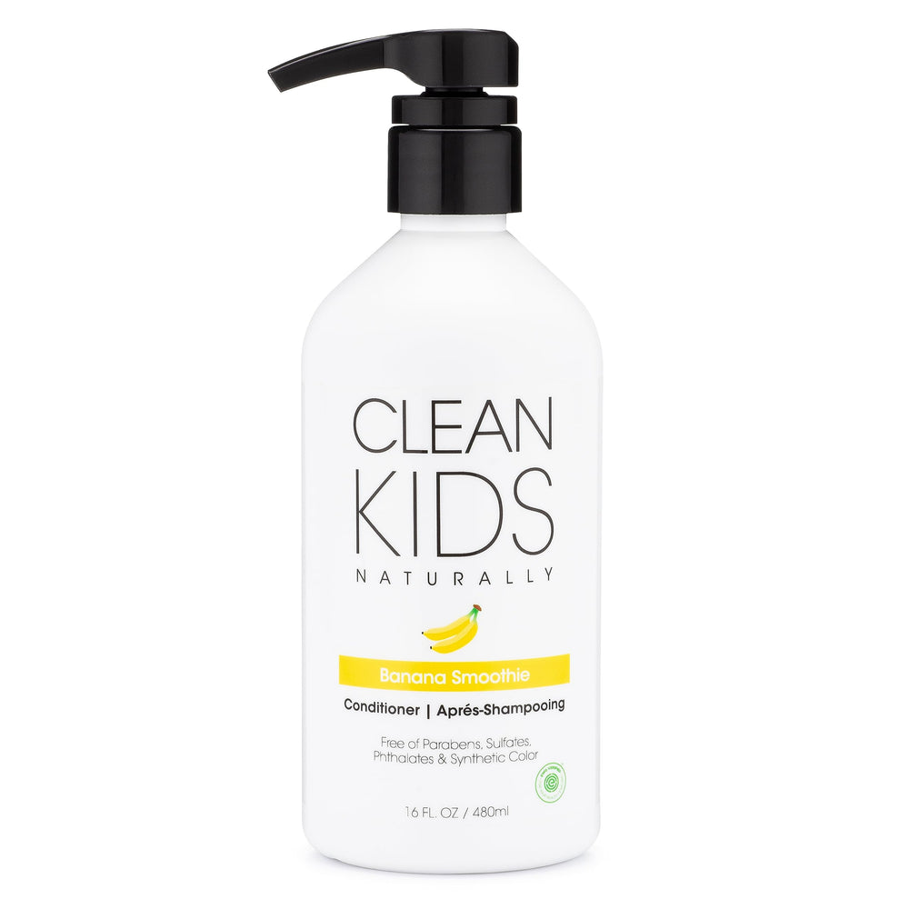 Gabriel Cosmetics Clean Kids Naturally Conditioner bottle on bathroom counter for gentle detangling.