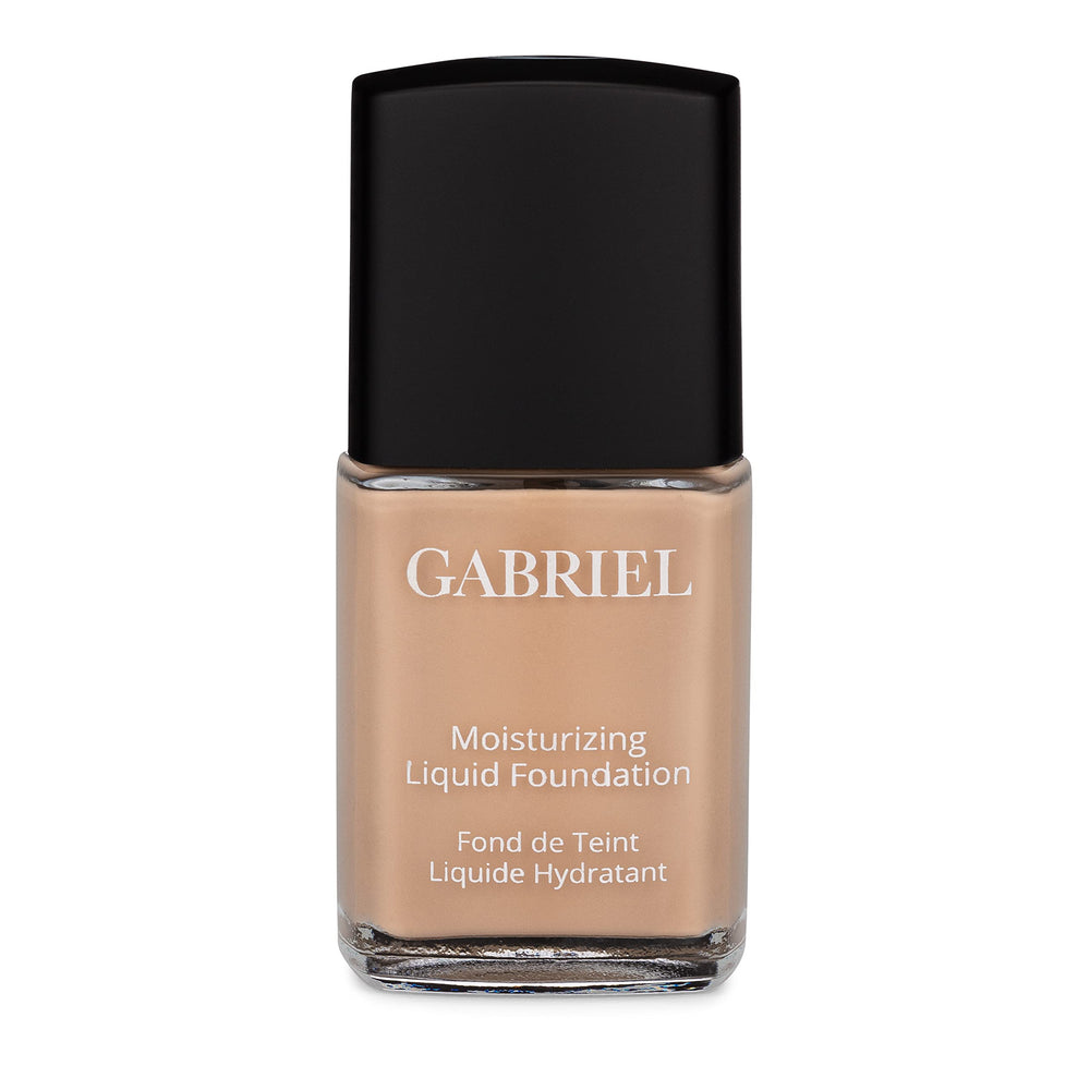 Gabriel Cosmetics liquid foundation natural beige bottle highlights vegan formula for smooth, natural looking coverage