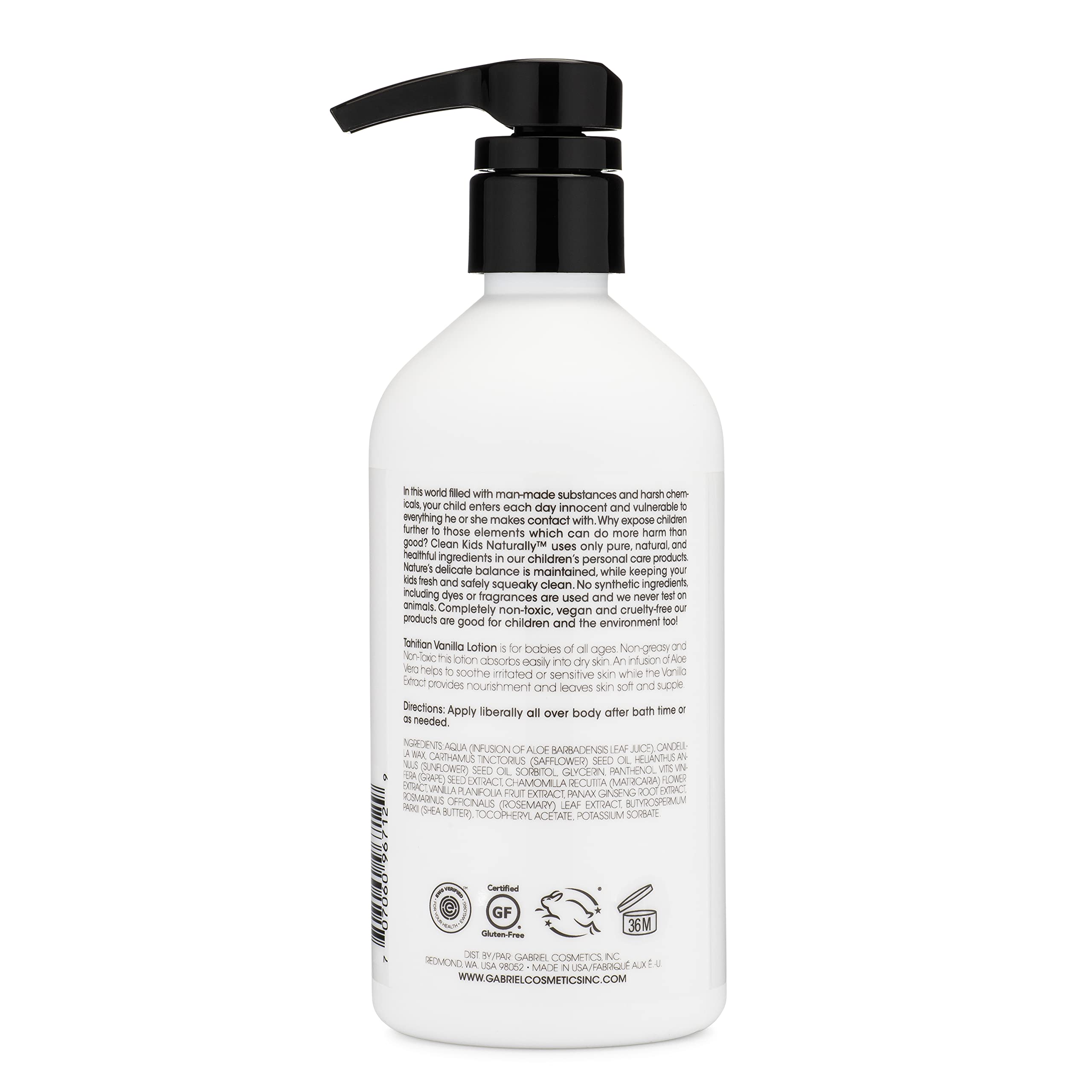 Gabriel Cosmetics Locion Ninos Textura Suave Vainilla Tahitiana Frasco: uso diario ligero.