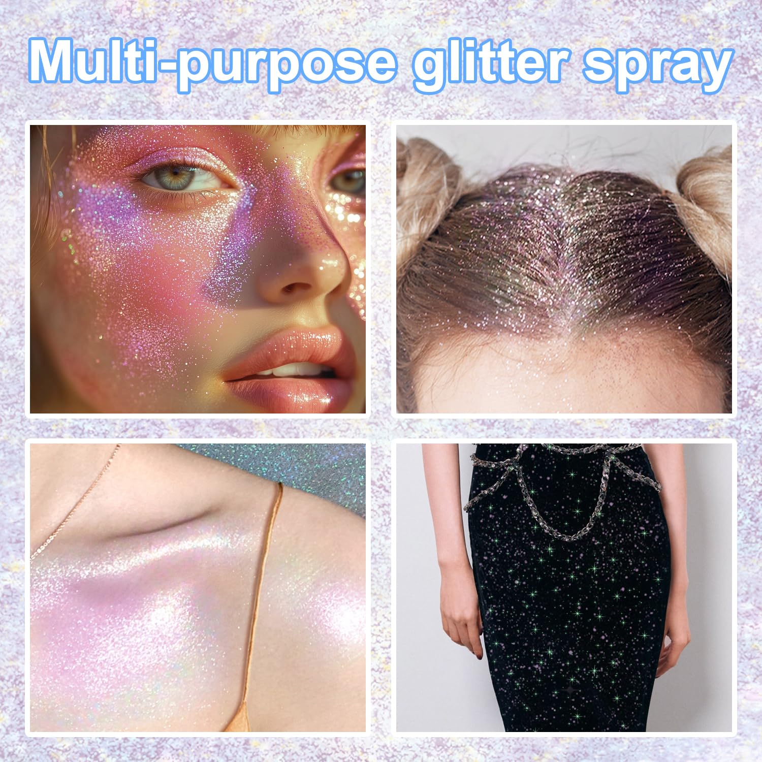 GADMLURY Glitter Spray on face highlights contours with radiant color.