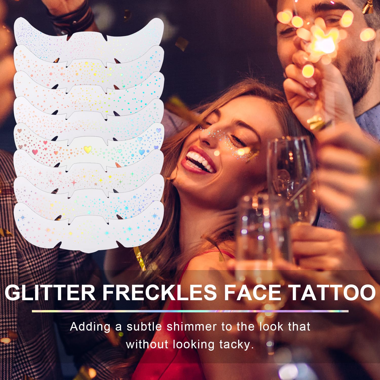 GADMLURY rose-gold glitter patches on the face for easy application.