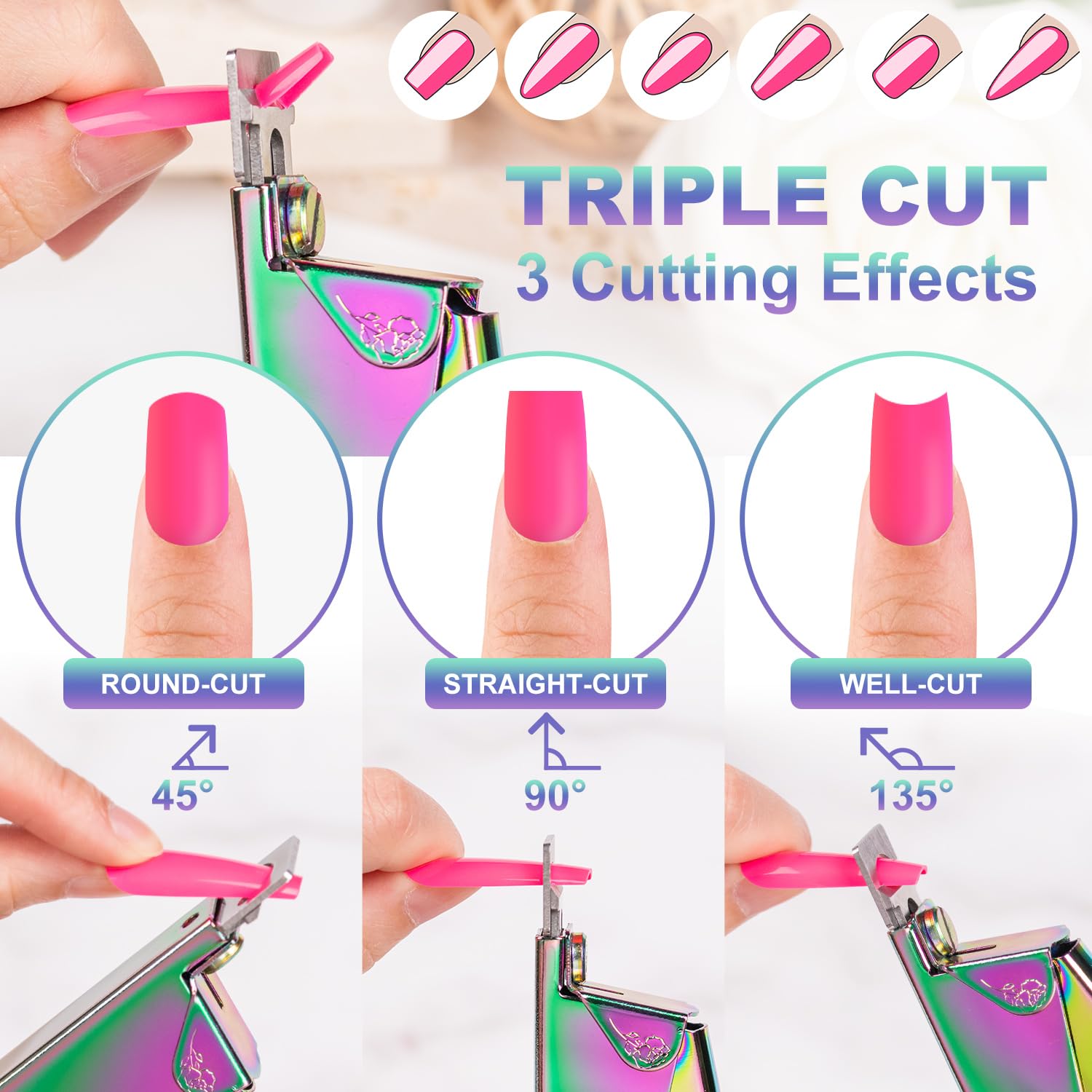 GA&EN Chameleon adjustable-angle guide shows 45°, 90°, and 136° nail shapes.