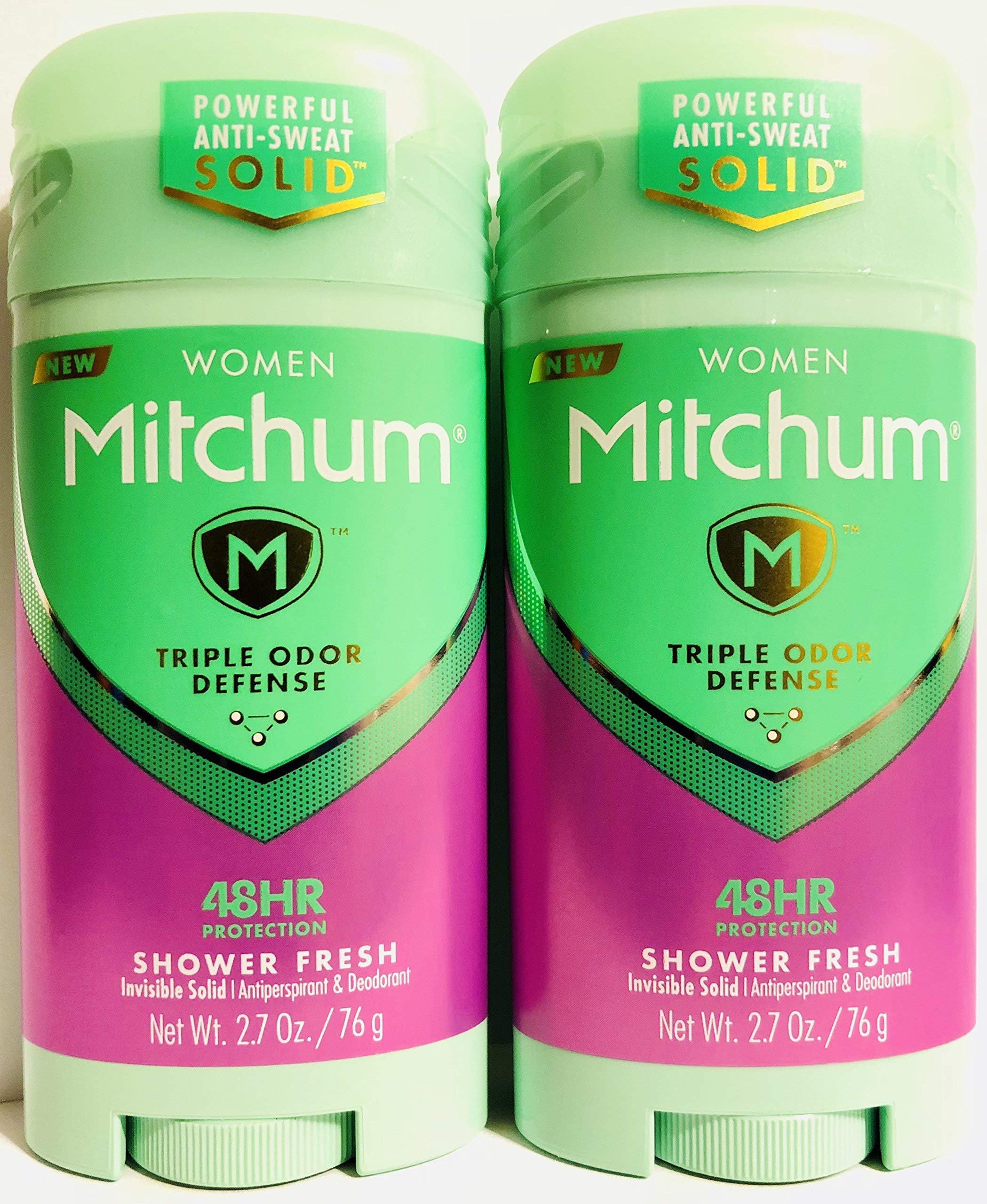 Gafalr Mitchum invisible solid shower-fresh stick 2-pack packaging highlights all-day freshness.