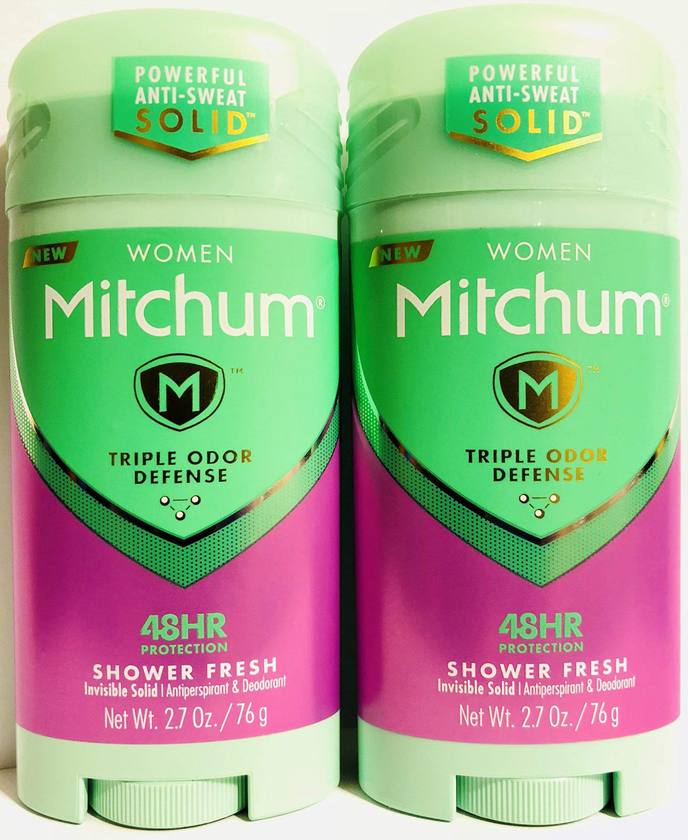 Gafalr Mitchum invisible solid shower-fresh stick 2-pack packaging highlights all-day freshness.