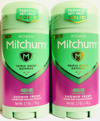 Gafalr Mitchum invisible solid shower-fresh stick 2-pack packaging highlights all-day freshness.