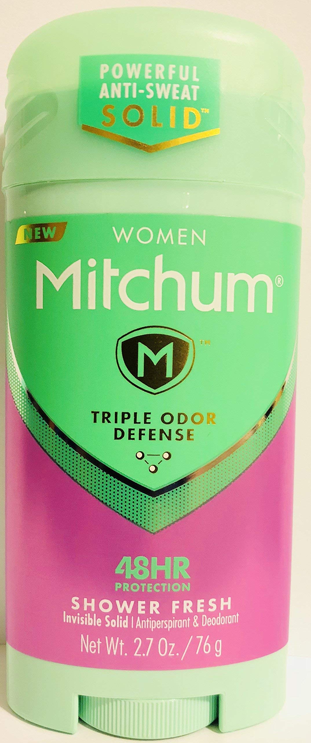 Gafalr Mitchum shower-fresh invisible solid stick showing clear formula for odor control.