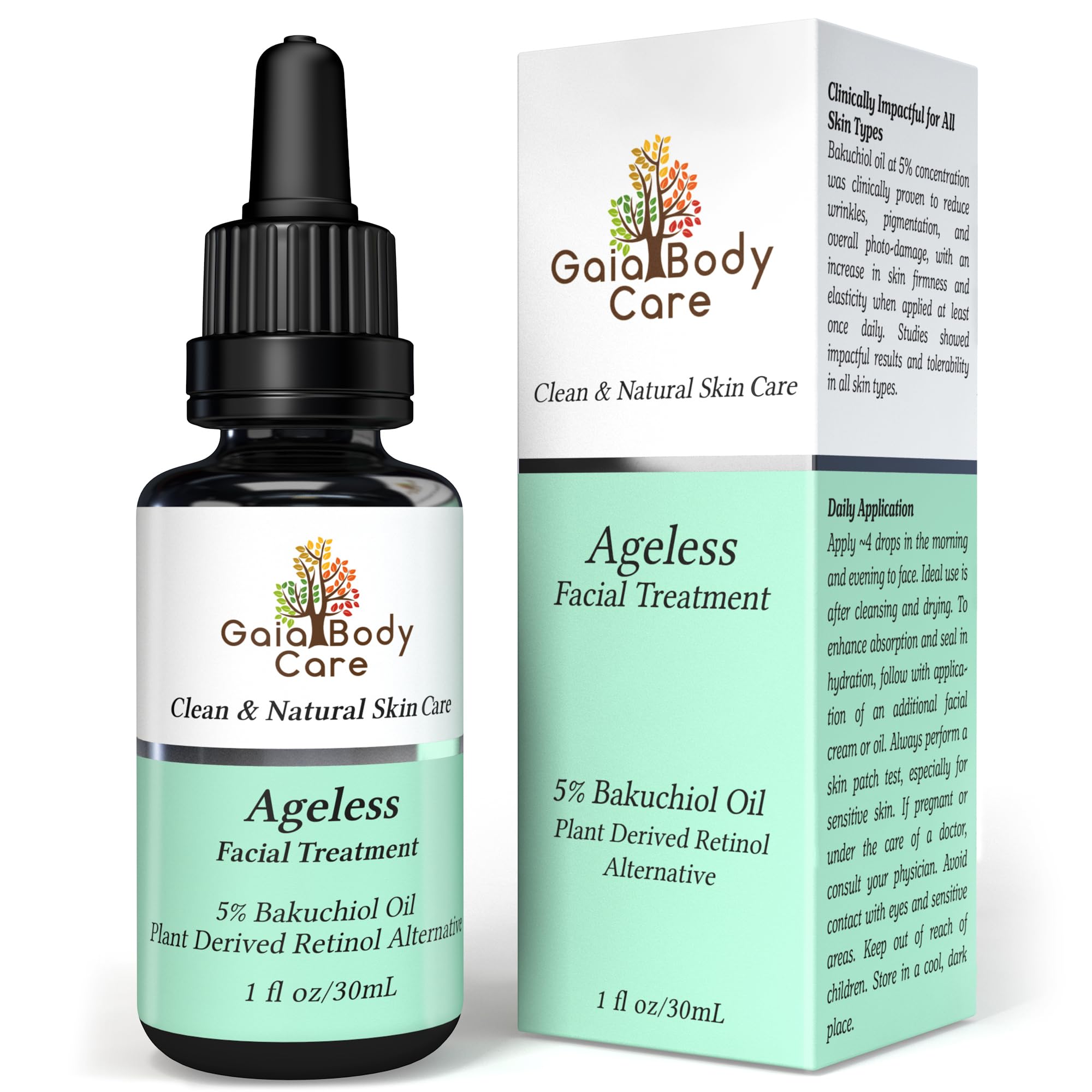 Gaia Body Care Ageless Bakuchiol Oil bottle for vegan anti-aging smoother skin.