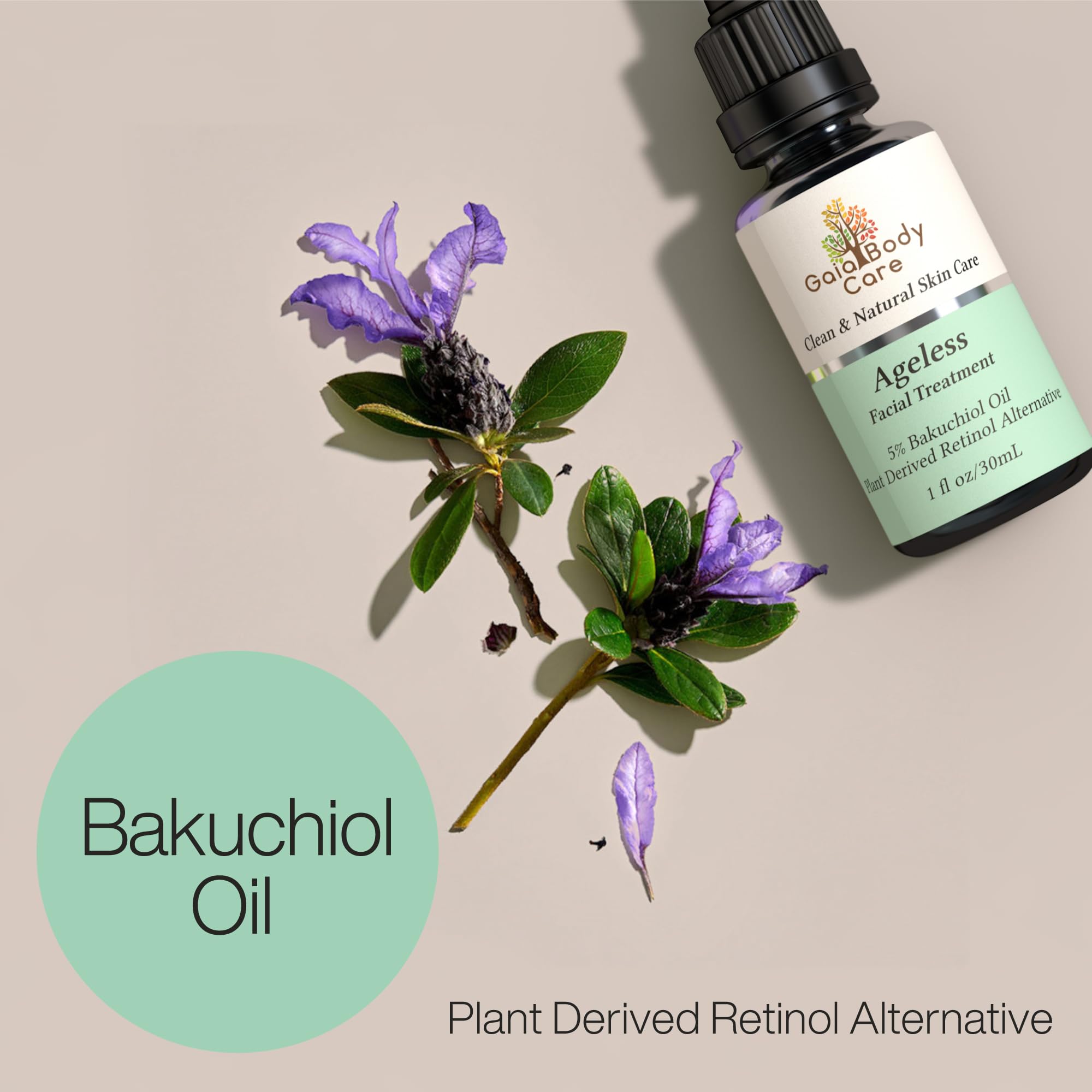 Gaia Body Care Bakuchiol Oil bottle with dropper against soft skin-toned background may support smoother skin.