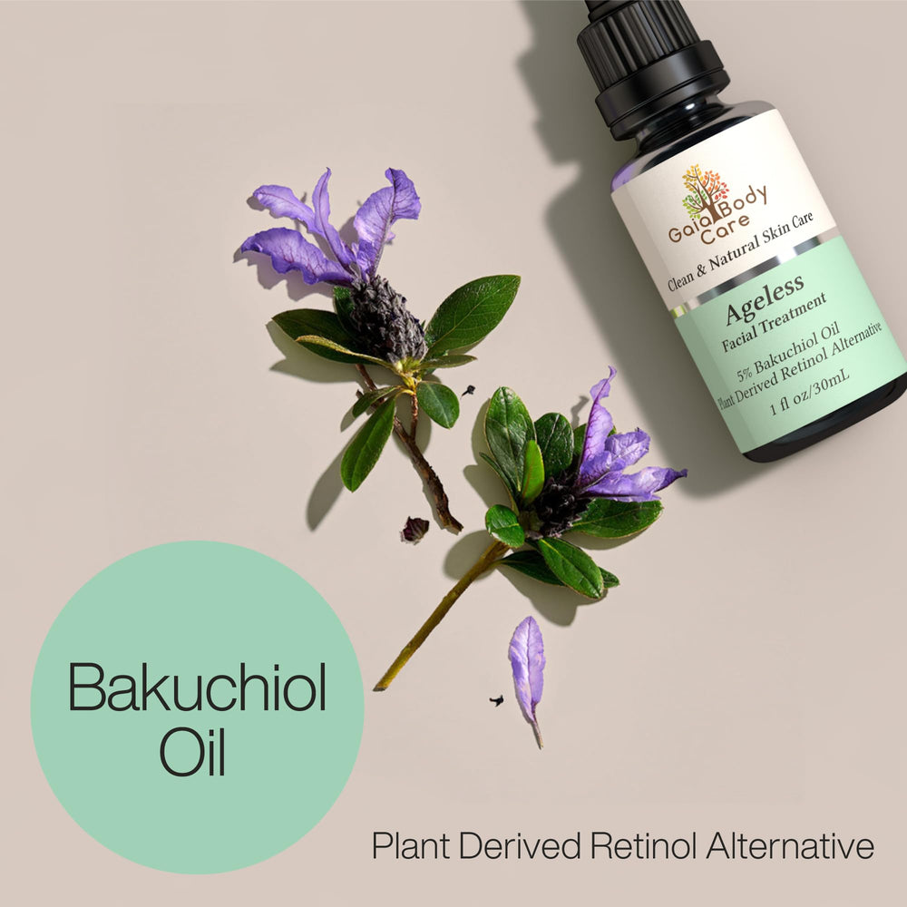 Gaia Body Care Bakuchiol Oil bottle with dropper against soft skin-toned background may support smoother skin.