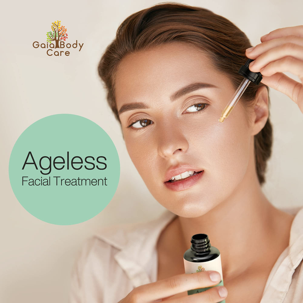 Gaia Body Care Ageless Bakuchiol Oil close-up on natural ingredients label, vegan anti-aging formula.