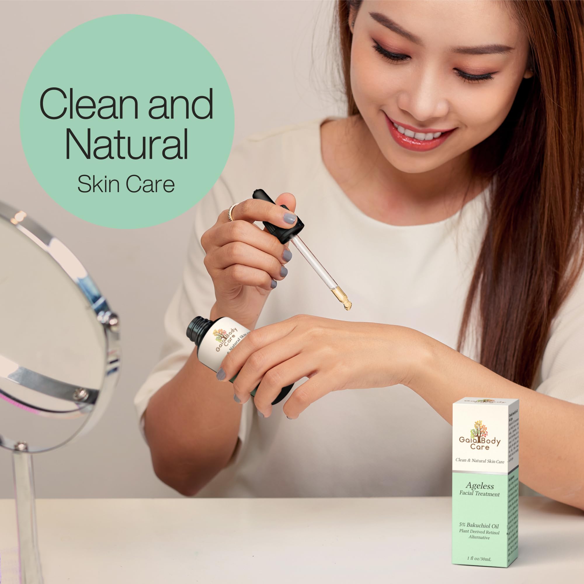 Gaia Body Care Rose-tinged Bakuchiol Oil bottle on clean vanity for daily anti-aging routine.