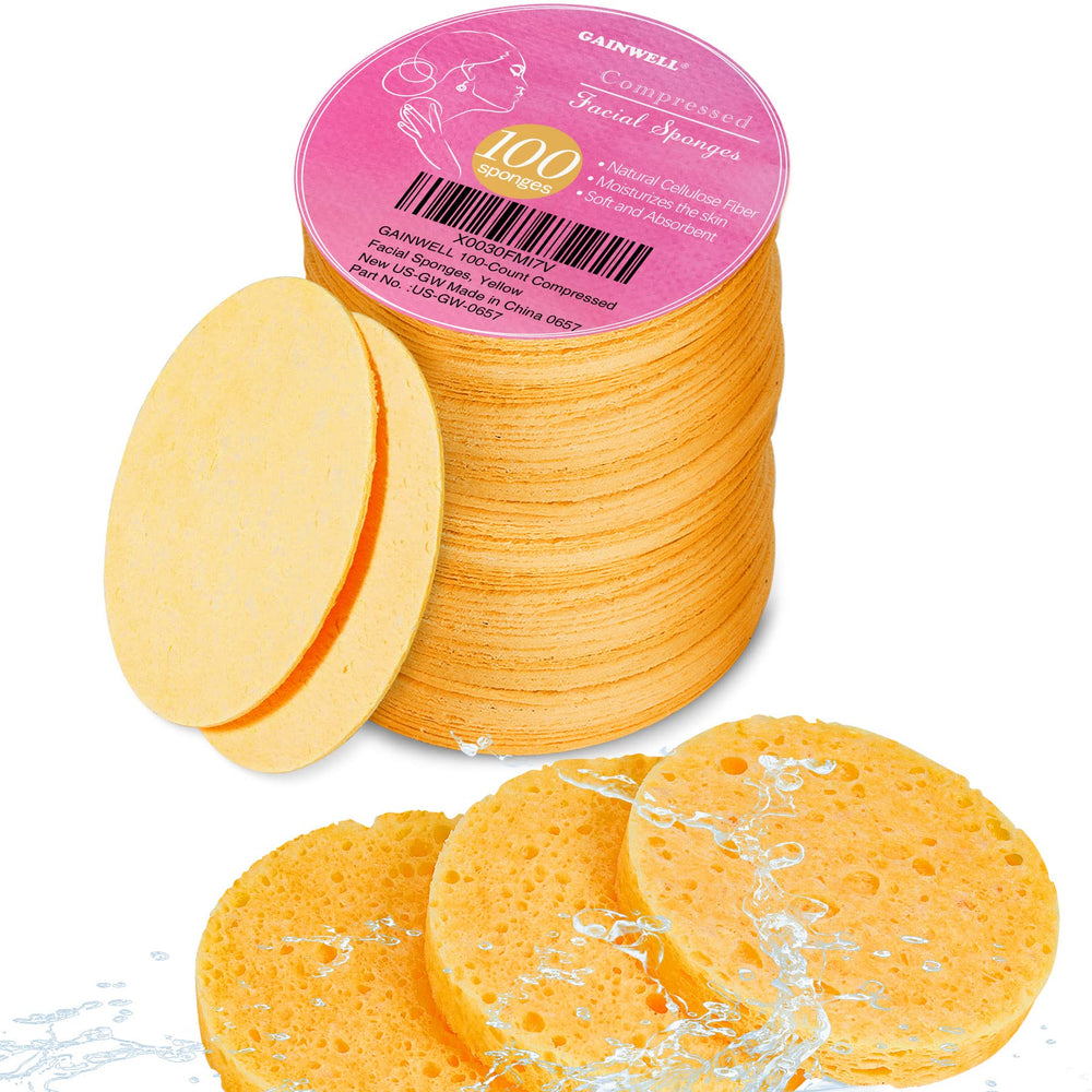 GAINWELL compressed facial sponges in drawstring bag for portable cleansing on the go.