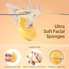 Gainwell compressed facial sponges expand when wetted for gentle cleansing