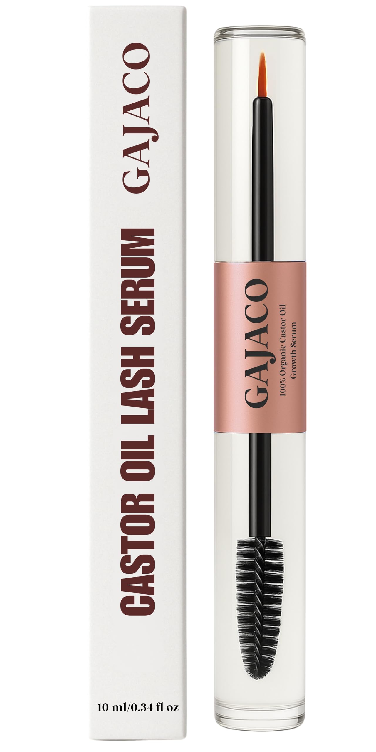 GAJACO lash serum in mascara tube applies precise coating for fuller lashes.