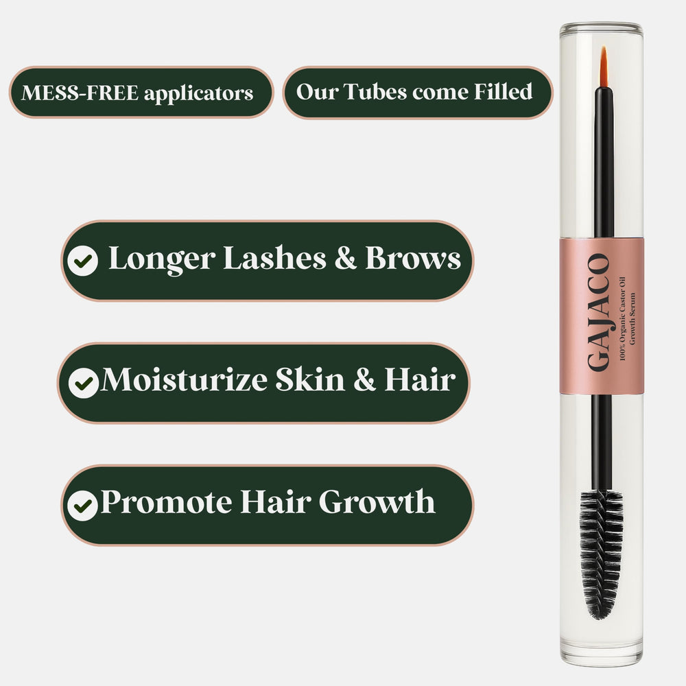 GAJACO organic castor oil wand applies to brows for thicker, well-groomed eyebrows.
