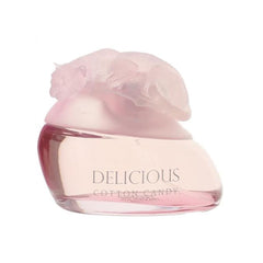 Gale Hayman Delicious Cotton Candy edt bottle shown with pink glass for playful, long-lasting fragrance.