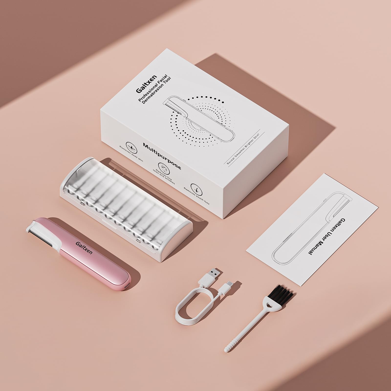 Galtxen pink dermaplaning tool long battery life for up to 30 days of use per charge