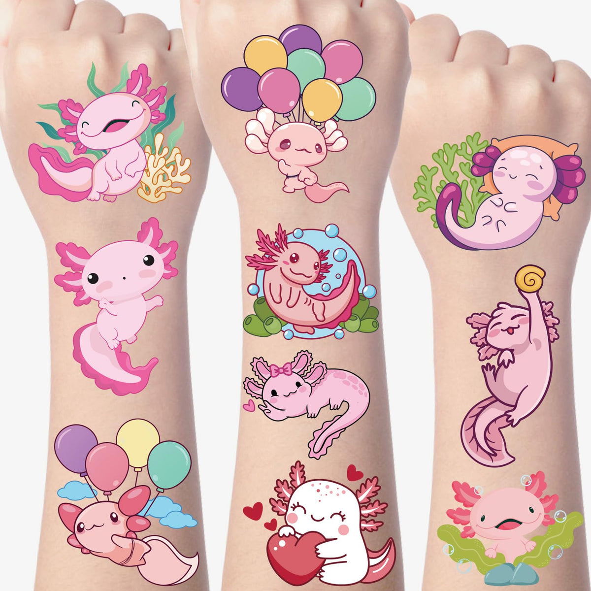 Gameza axolotl tattoos packaging shows colorful designs for party favors.