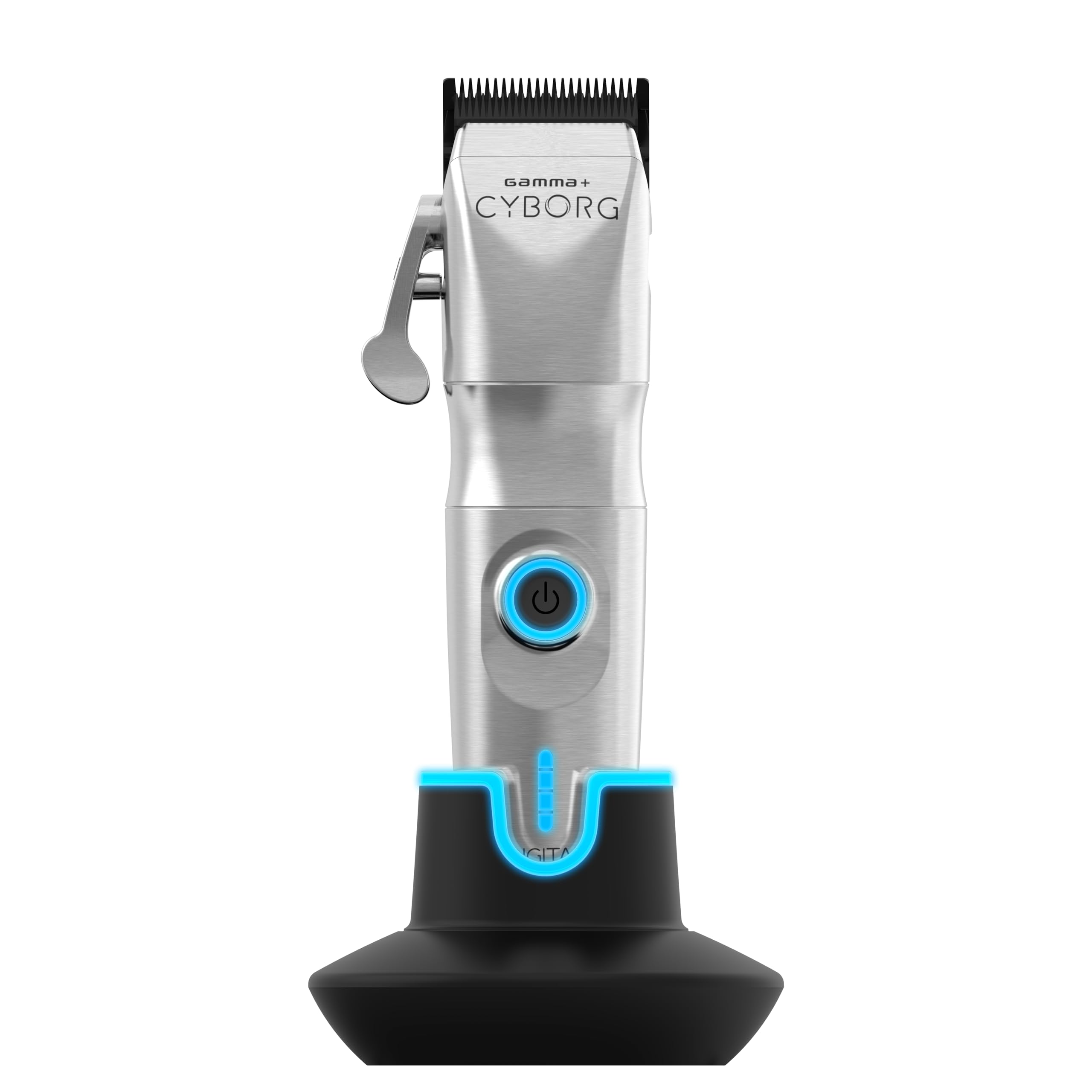 Gamma+ Cyborg clipper metal body close-up highlighting rugged build for reliable professional cuts.