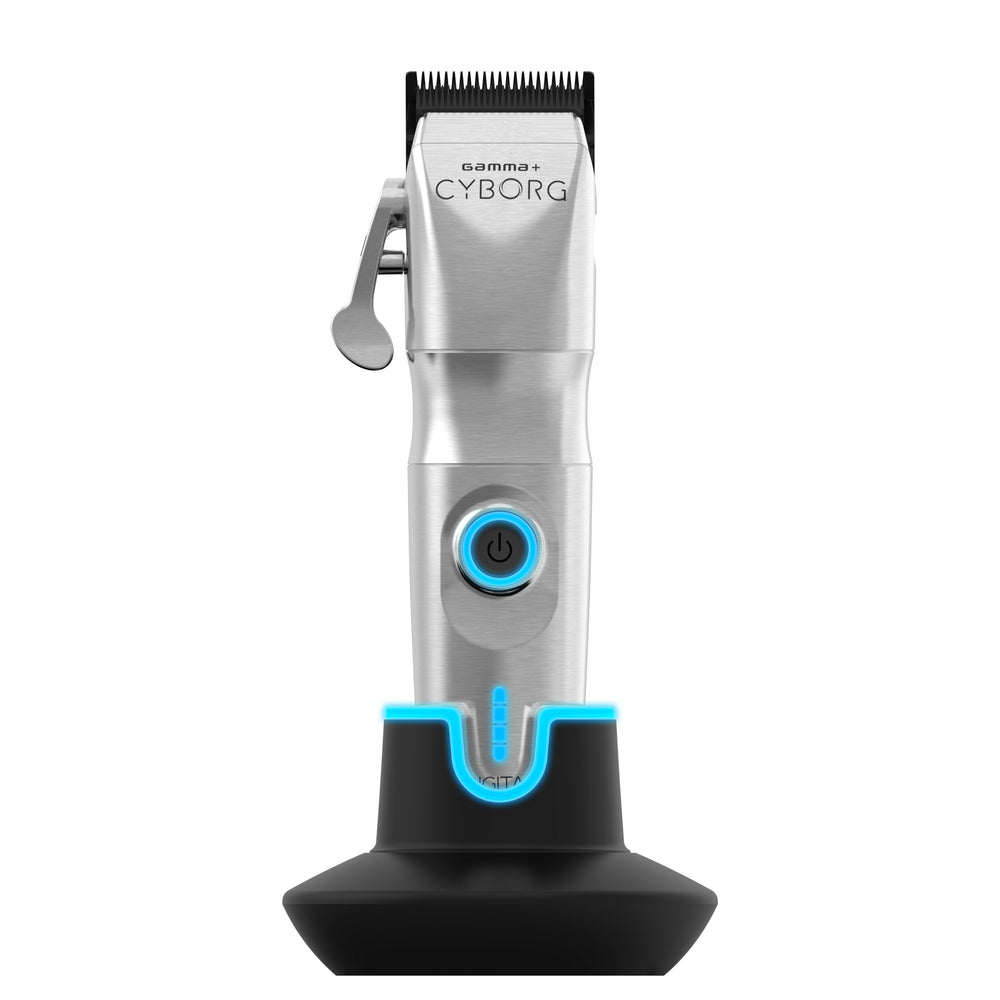 Gamma+ Cyborg clipper metal body close-up highlighting rugged build for reliable professional cuts.