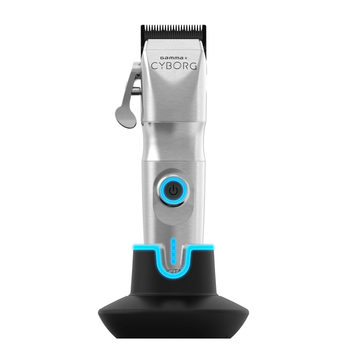 Gamma+ Cyborg clipper metal body close-up highlighting rugged build for reliable professional cuts.
