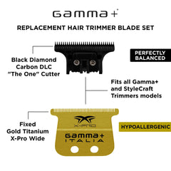 GAMMA+ gold titanium fixed fade blade for versatile cutting on sensitive skin