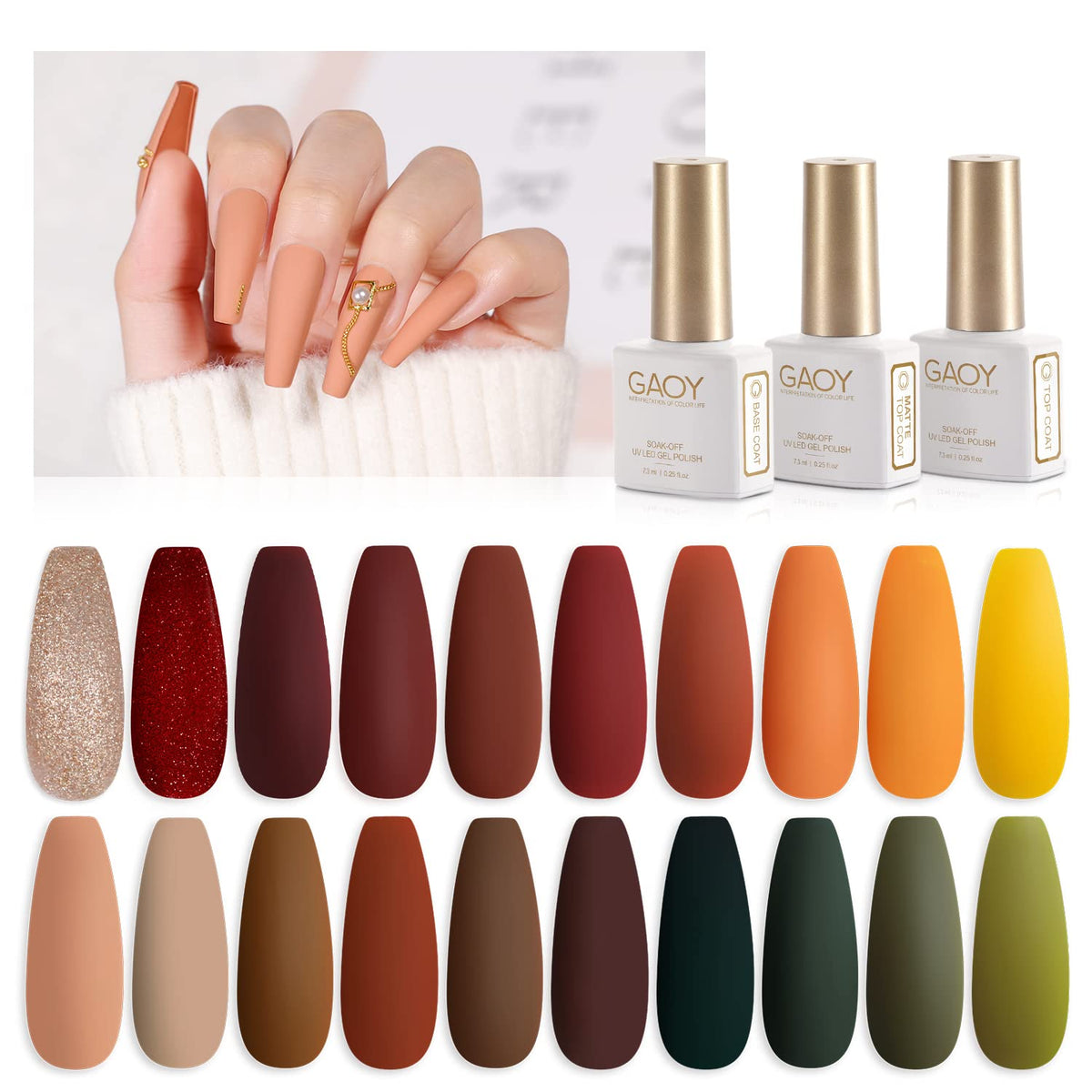 GAOY gel nail polish set color swatches for at-home manicures with fall hues