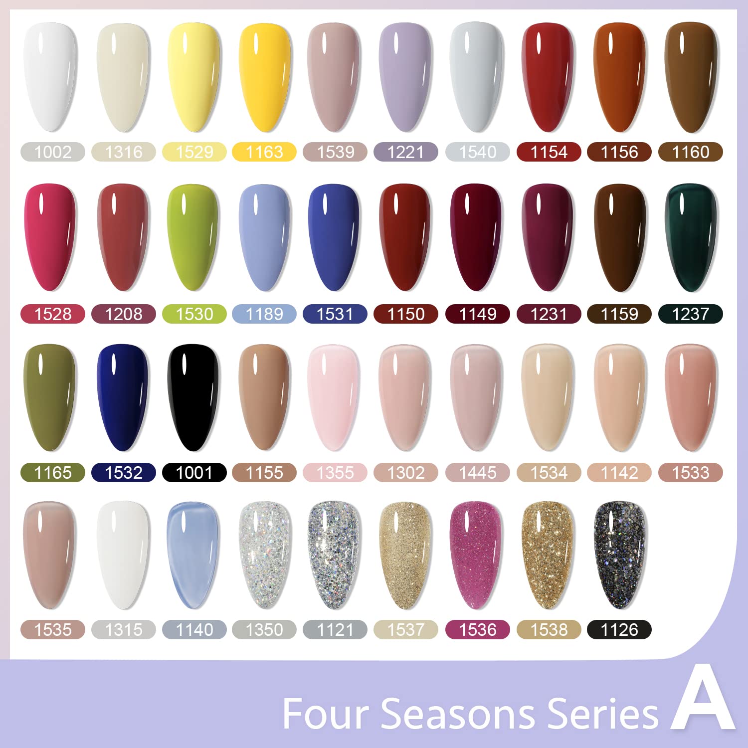 GAOY color range display highlighting jelly nude and glitter gels for versatile looks.