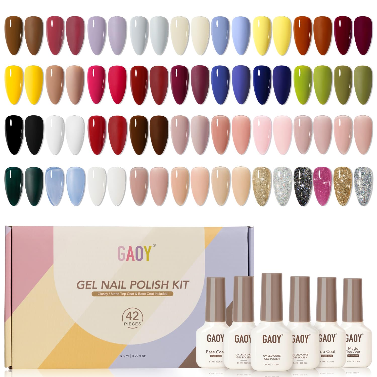 GAOY 42 Pcs Gel Nail Polish Kit front packaging showing full color range for all seasons.