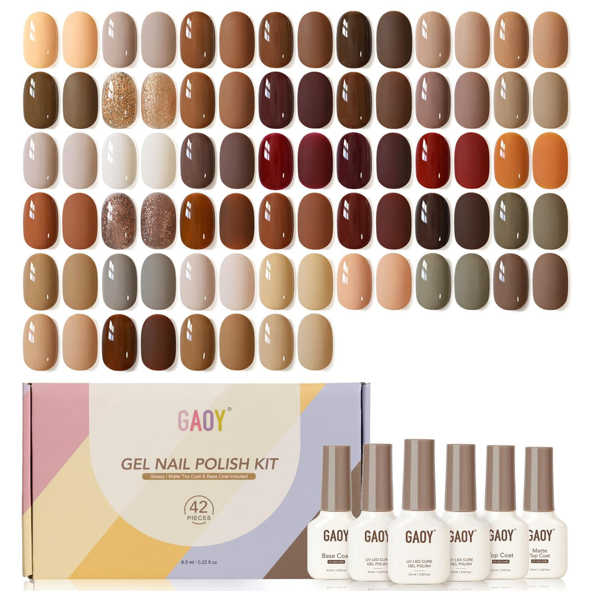 GAOY 42 Pcs gel nail polish kit palette with fall brown and glitter colors for at-home manicures