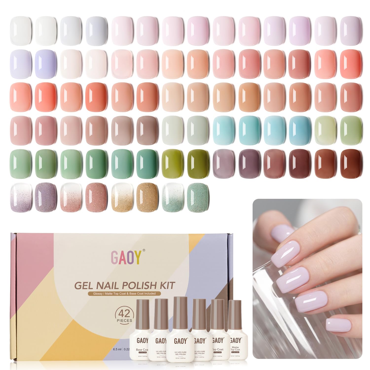GAOY 42-pcs gel nail polish kit pastel jelly colors for versatile at-home manicures