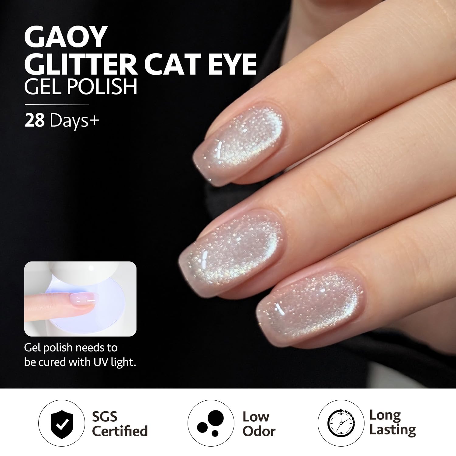 GAOY Cat Eye UV cure in 60 seconds for quick dry time.