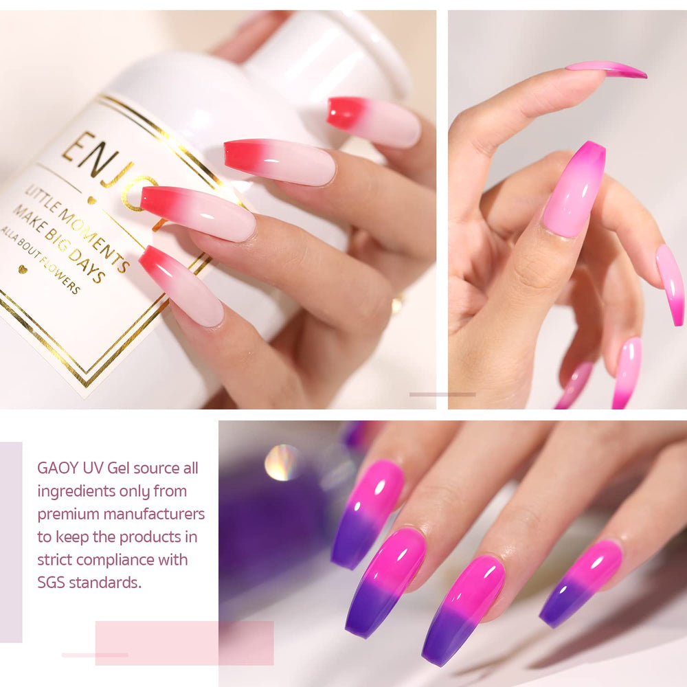 GAOY at-home manicure setup with six color bottles for DIY nail art.
