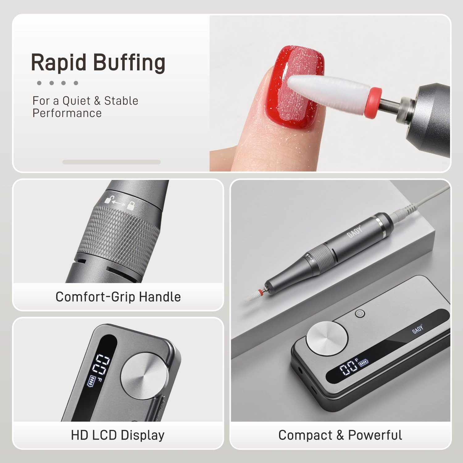 GAOY cordless nail drill pedicure setup supports thorough nail care routine.