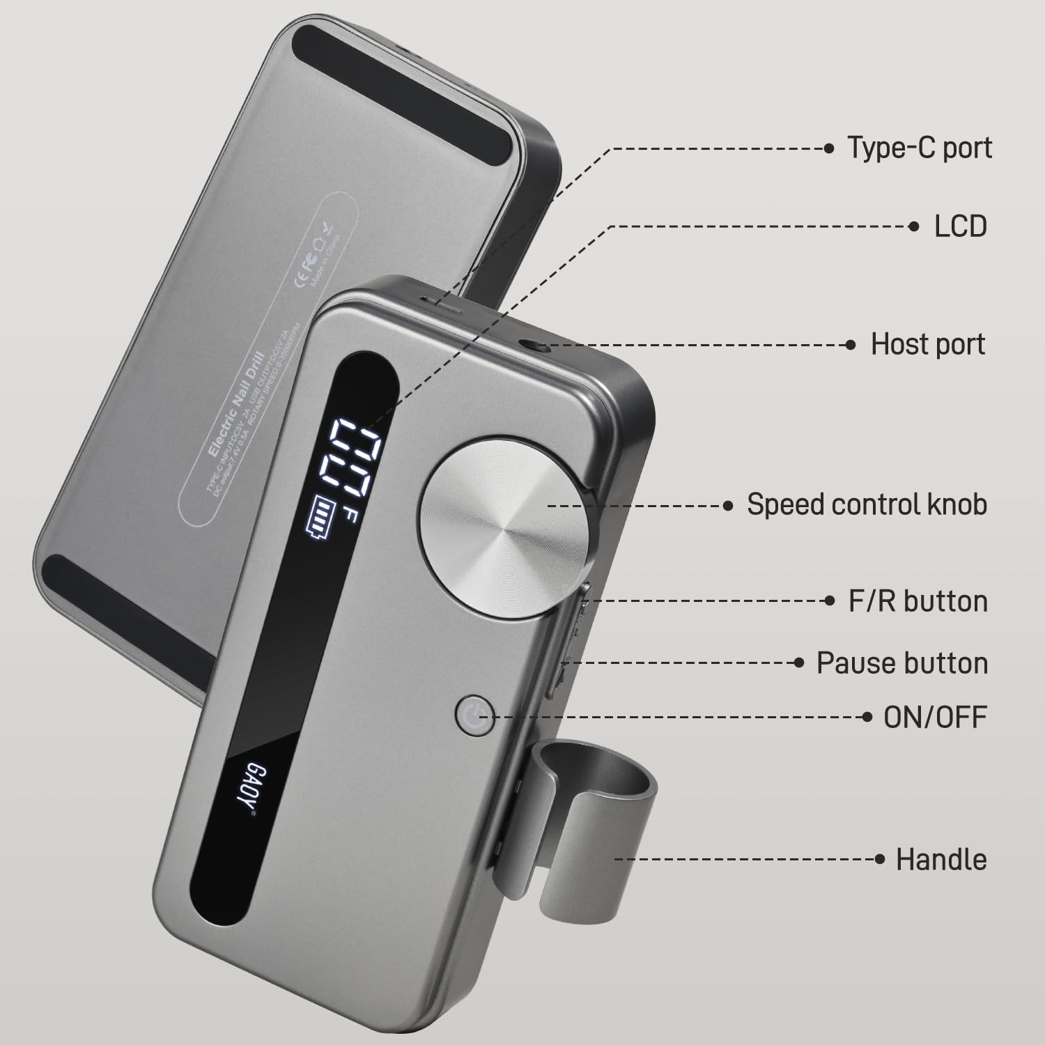 GAOY cordless nail drill speed display helps precise adjustments mid-session.