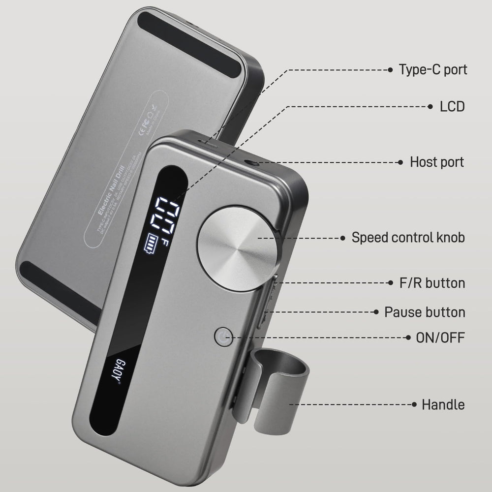 GAOY cordless nail drill speed display helps precise adjustments mid-session.